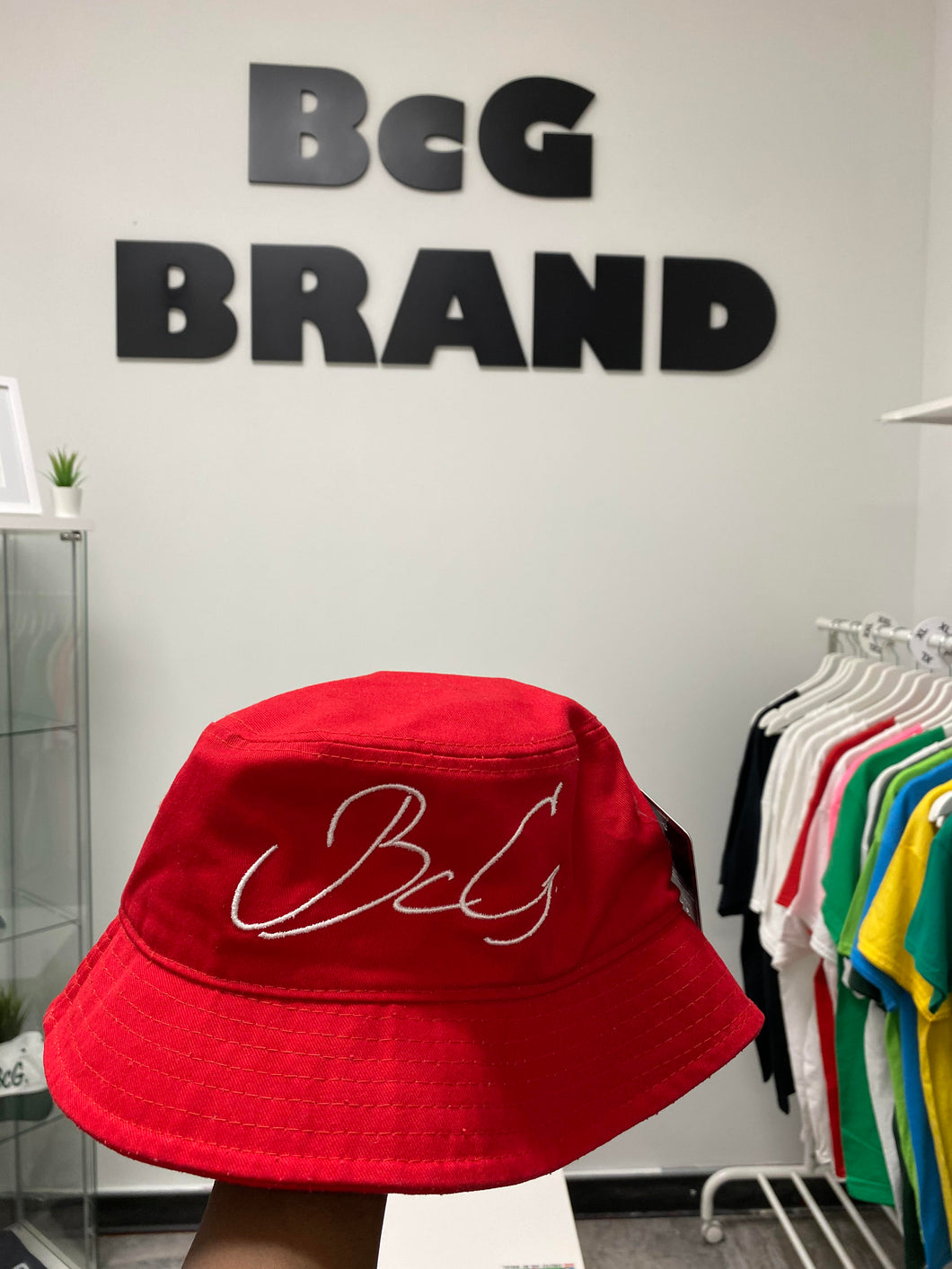 BcG. Red Bucket Hat w/ Scribble Logo